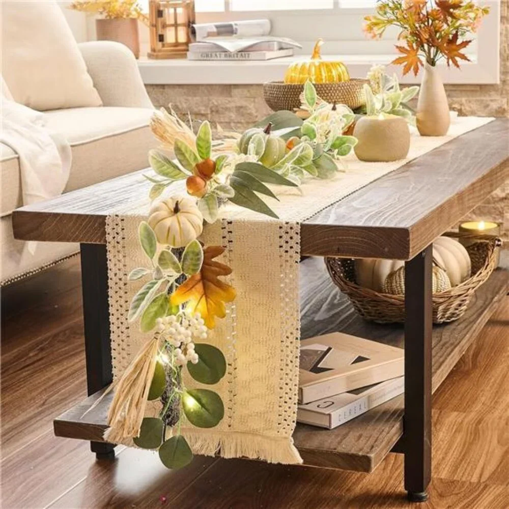 Fall Garland for Mantle, 6ft Lambs Ear Leaves Garland with Lights